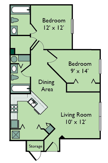 Floor plan for 2 beds, 2 baths, 921 sqft